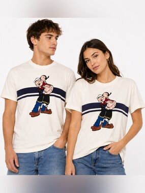 Zara x Popeye Collab Cotton Short Sleeve Tee with Suede Graphic, Size S Unisex